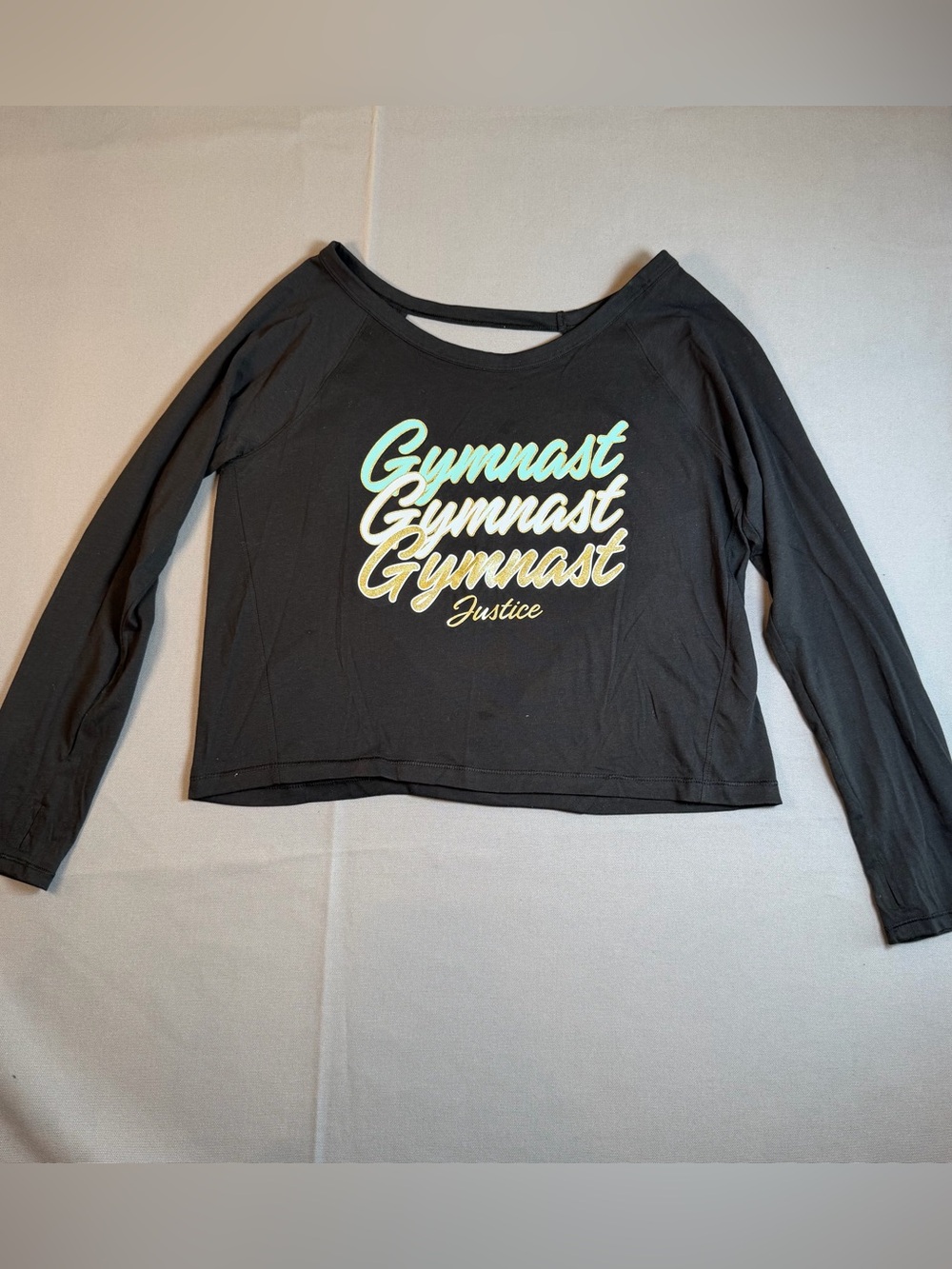 Justice szXL Black Long Sleeve Open Back Crop Top with Multicolor Gymnast Script